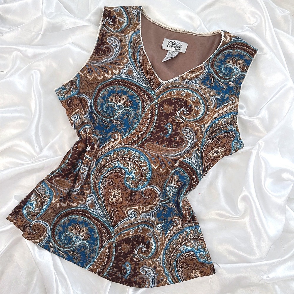 Style & Co Petite Paisley V-Neck Tank Top Brown Blue Crochet Trim Small